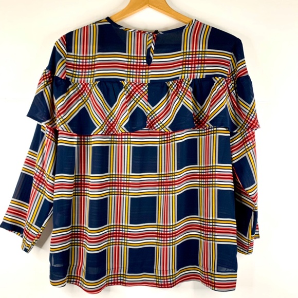 Holiday Christmas party preppy Red Blue yellow ruffled plaid lightweight blouse - Picture 5 of 9